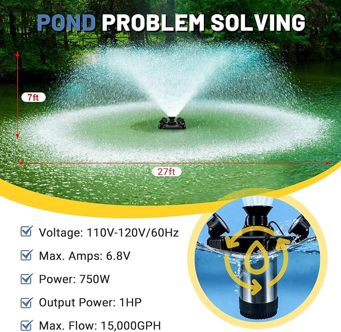 110V 15000 GPH Pond Fountain Aerator, Stainless Steel Fountain Pump with lights (4 lights)