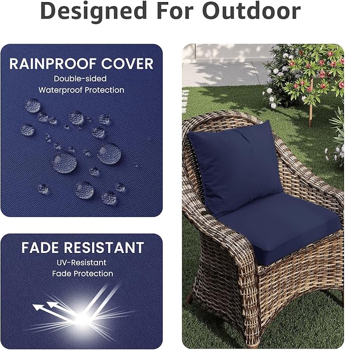 Outdoor Seat Cushion Set 24 x 24 x 4 Inch, Waterproof & Fade Resistant Patio Furniture Cushions with Removable Cover and Ties, Thick Deep Seating Pads for Outside Chair Sofa Couch, Dark Blue
