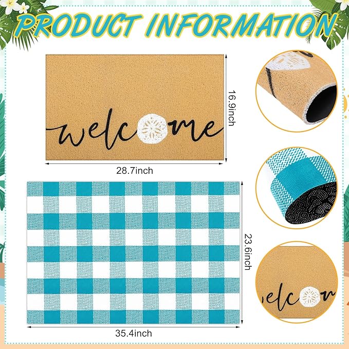 Tinideya 2 Pcs Summer Door Mat Non Slip Wildflower Coastal Hello Sunshine Sweet Home Ocean Pet Welcome Floor Doormat Buffalo Plaid Checked Stripe Mat Seasonal for Front Porch Entryway(Seashells)