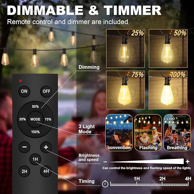100FT Outdoor String Lights - 64+4 Bulbs(𝟏.𝟓𝐅𝐓 𝐁𝐮𝐥𝐛𝐬 𝐒𝐩𝐚𝐜𝐢𝐧𝐠) | Remote & Dimmer, 3 Light Modes & Timing, IP65 Waterproof, 100PC Mounting Ties for Patio/Outside/Commercial