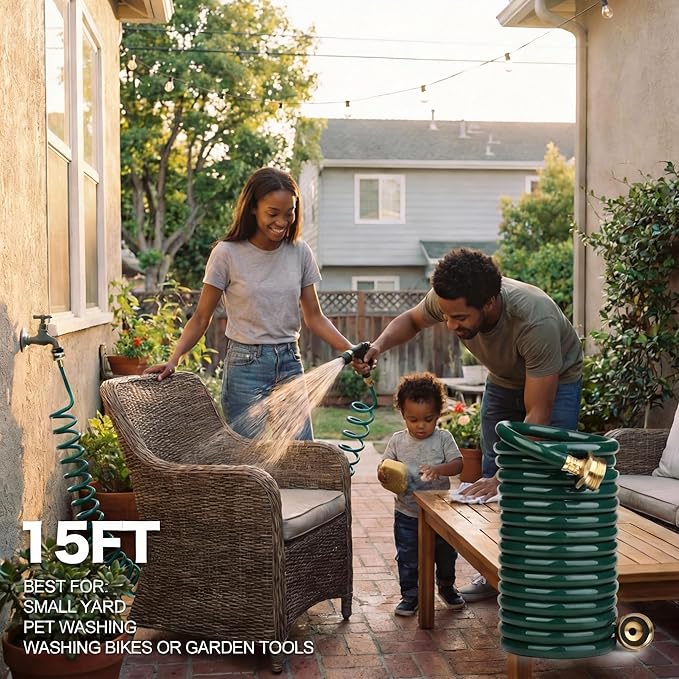 Lightweight EVA Coil 15 ft Garden Hose with 1/2" GHT Solid Brass Fittings, Water Hose with Brass Connectors (15FT, Green)