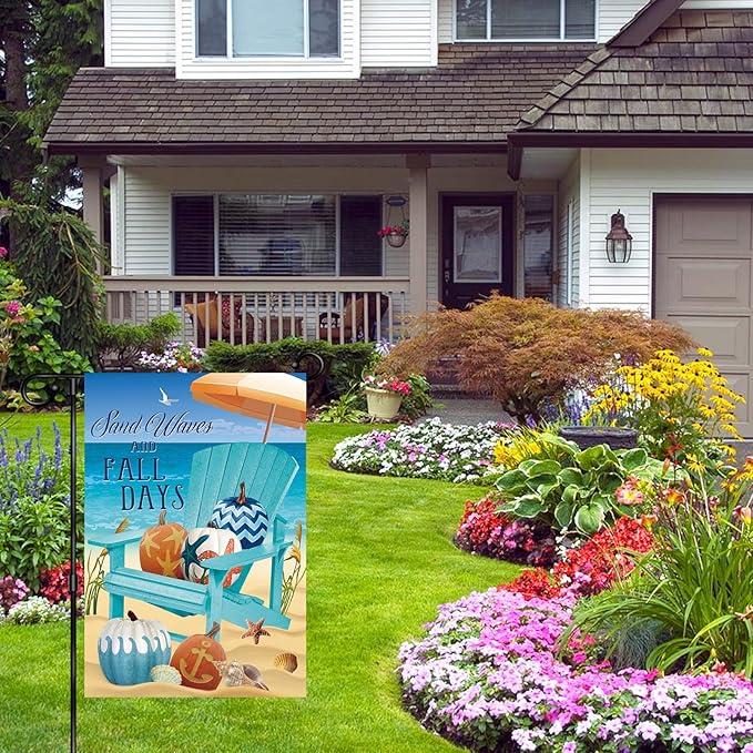 Sand Waves Fall Days White Pumpkin Beach Decorative Small Garden Flag Fall At The Beach Garden Flag Autumn Nautical Pumpkins,Blue Chair Beach Anchor Shell Crab Starfish Home Decorative Coastal House