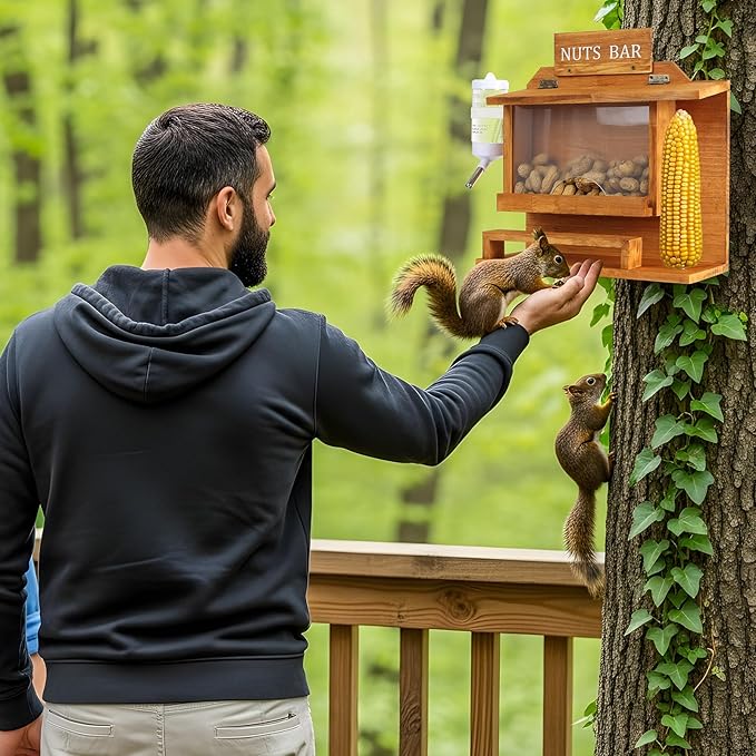 Nut Bar Squirrel Feeder, Squirrel Feeders for Outside, Extra Large 11.8" Squirrel Picnic Table Feeder with Water Bottle, Wooden Funny Chipmunk Feeder Box, No Assembly Required