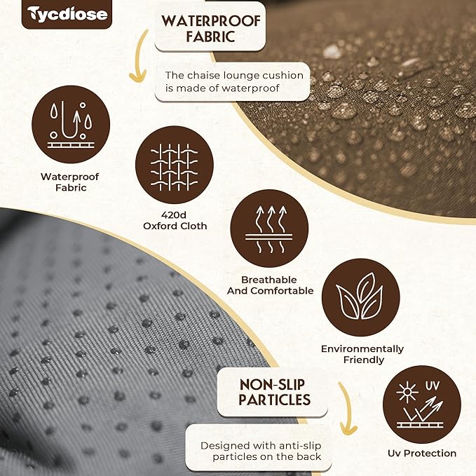 Waterproof Outdoor Chaise Lounge Chair Cushion 74.4 x 22 x 4.7 Inches Memory Foam Lounge Chair Cushions for Outdoor Furniture with Ties, Thickened Pool Chaise Lounge Chair Cushions, Brown