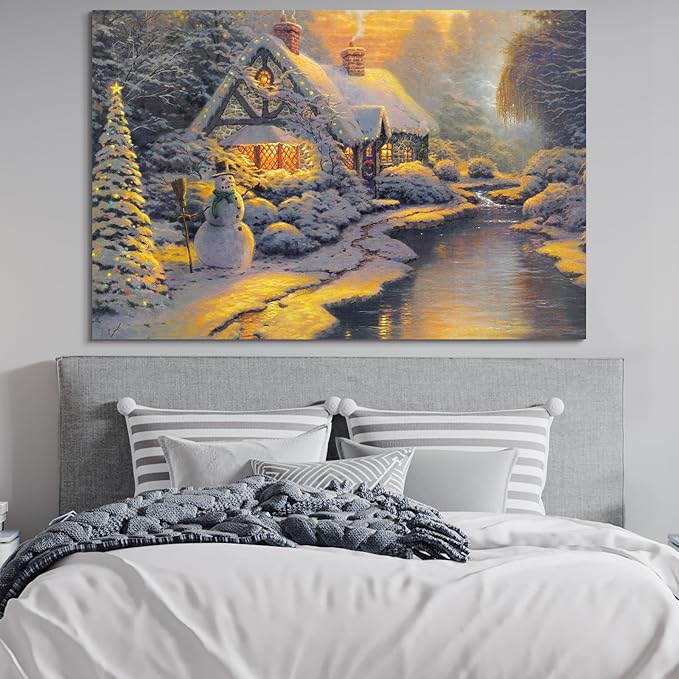 STUDIO HAVEN Thomas Kinkade Canvas Wall Art, Christmas Cottage Snowman Lit Tree Snow-Covered Home and Winter Stream Oil Painting Poster Holiday Wall Decor, Framed Prints for Home Decor, 16x12Inch