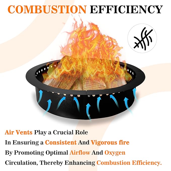 FEBTECH - Smokeless Fire Pit Insert - Steel 45" Round Foldable Fire Pit Ring with Air Vents and Coller Support - DIY Fire Ring in or Above Ground for Patio Outdoor Garden Bonfire Camping Accessories