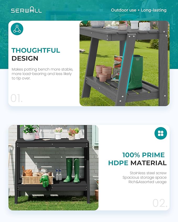 SERWALL Potting Bench Outdoor with Storage Set of 2, 3-Tier HDPE Gardening Table with Angled Legs & Tool Hooks, All-Weather Heavy Duty Potting Table for Patio, Backyard, Garden, Black