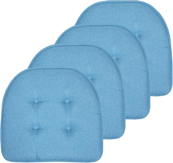 Sweet Home Collection Chair Cushion Memory Foam Pads Tufted Slip Non Skid Rubber Back U-Shaped 17" x 16" Seat Cover, Turquoise 4 Count