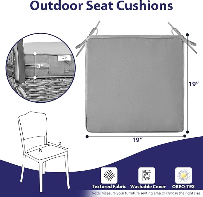 Outdoor Chair Cushions Set of 4 -Waterproof Outdoor Seat Cushions for Patio Furniture, Patio Chair Cushion with Handle and Ties, Square Out Door Chair Pads,19" x 19" x 3", Grey