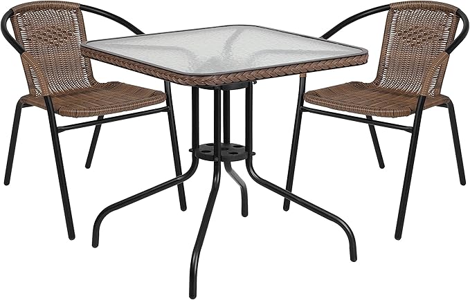 Flash Furniture Lila 3-Piece 28" Square Indoor/Outdoor Patio Table and Chairs Set, Glass Metal Bistro Table and 2 Stacking Rattan Chairs, Brown