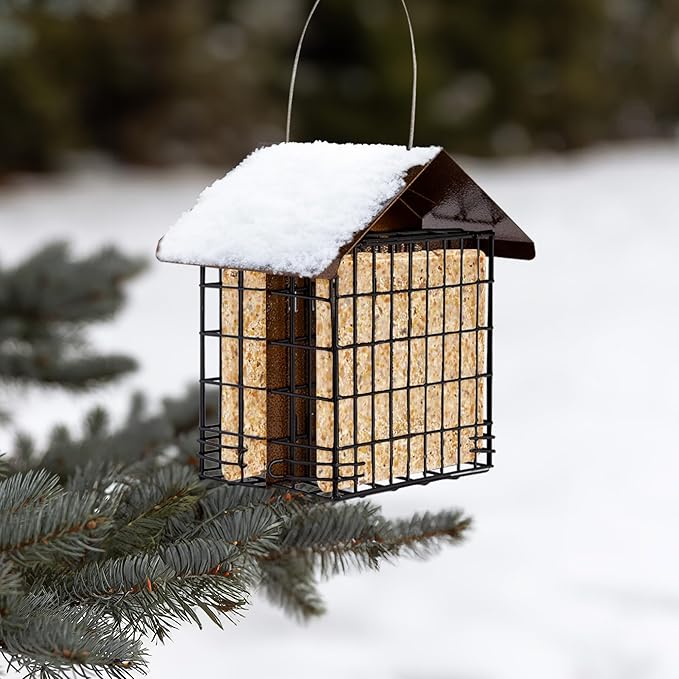 MEKKAPRO Suet Feeder for Outside Hanging Metal Roof, Woodpecker Feeder, Two Suet Bird Feeder Capacity, Cage Hanger Hanging Bird Feeder Easily Fits 2 Suet Cakes Holder - Wild Bird Feeder Basket