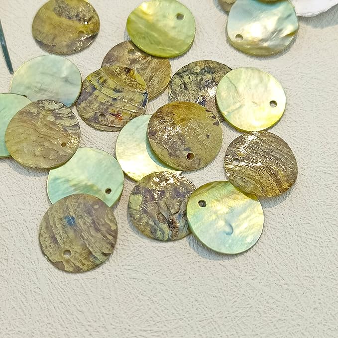 Firstmeet Shell Beads 65pcs Natural 20mm Flat Round Mussel Shell Coin Drop Charm Beads with Iridescent Back for Handcraft Jewelry Making(DIY-1023-Green Glow-20)