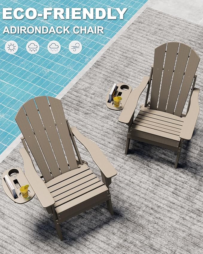 Adjustable Adirondack Chair Set of 2 with Cup Holder, All Weather HDPE Fire Pit Chairs for Deck, Backyard, Patio, Brown