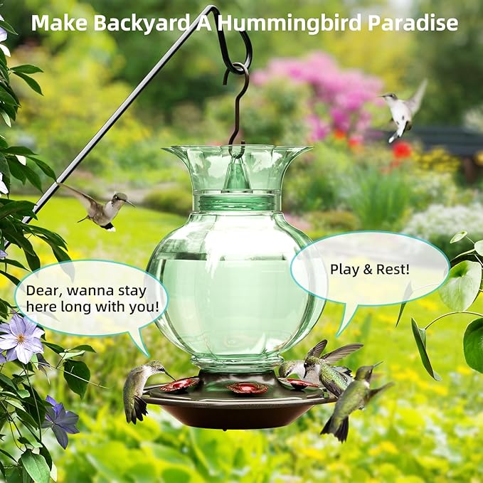Auslar Hummingbird Feeder, Green Glass Hummingbird Feeder for Outdoors Hanging with Ant Moat, 5 Simulation Flowers Feeding Ports, 23 Ounces, Rustproof, Fade Proof, Pomegranate Shape