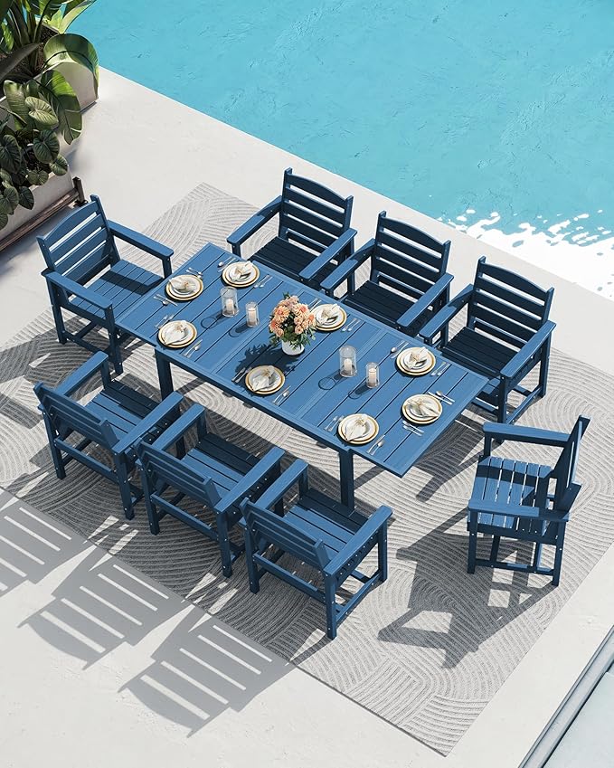 SERWALL 9-Piece Outdoor Dining Set, 60" - 83" Expandable Outdoor Dining Table and 8 HDPE Chairs, All Weather HDPE Outdoor Furniture Set for Backyard, Garden, Blue