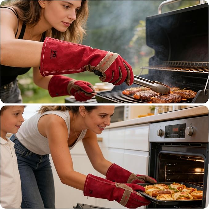 Gardening Gloves for Women, Long Thorn Proof Garden Gloves for Yard Work, Heat Resistant Leather Gloves for Welding, BBQ, Cooking, Fireplace, Chainsaw, Utility, Durable, Rose Red, M