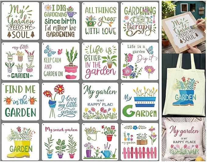 16Pcs Garden Floral Stencils Painting On Reusable Crafts Templates, 7.8x7.8Inch My Garden Flower Plant Stencil for Painting on DIY Wood Canvas Scrapbook Paper Fabric Pillows Card Making Home Decor
