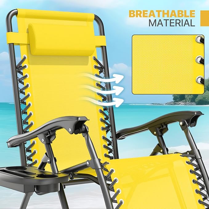 Magshion Zero Gravity Lounge Chairs Set of 2, Outdoor Patio Reclining Chair with Side Tray, Adjustable Anti-Gravity Recliners with Pillow Headrest, Folding Lounger for Lawn Camping Beach, Yellow