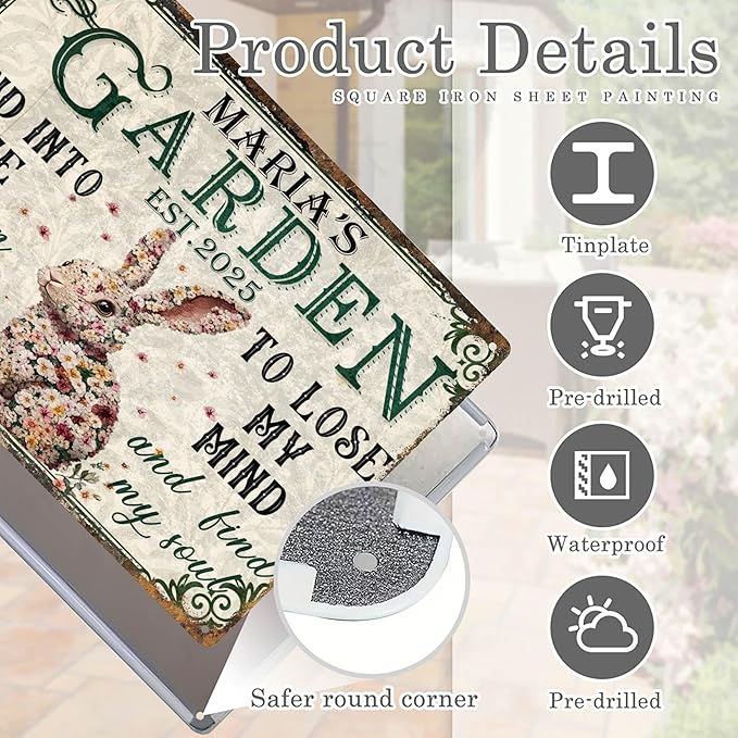 Custom Garden Signs Personalized Metal Tin Sign for Women, Retro Funny Rabbit Metal Sign for Outdoor, Patio, Yard Rustic Home Decor Gift for Mothers Day, Grandmas, and Gardening Lovers