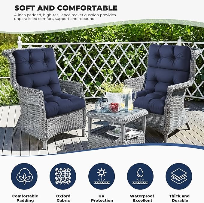Outdoor/Indoor High Back Chair Cushion, Waterproof Outdoor Rocking Chair Cushion with Ties, Tufted Replacement Seat Cushions for Outdoor Furniture, Blue