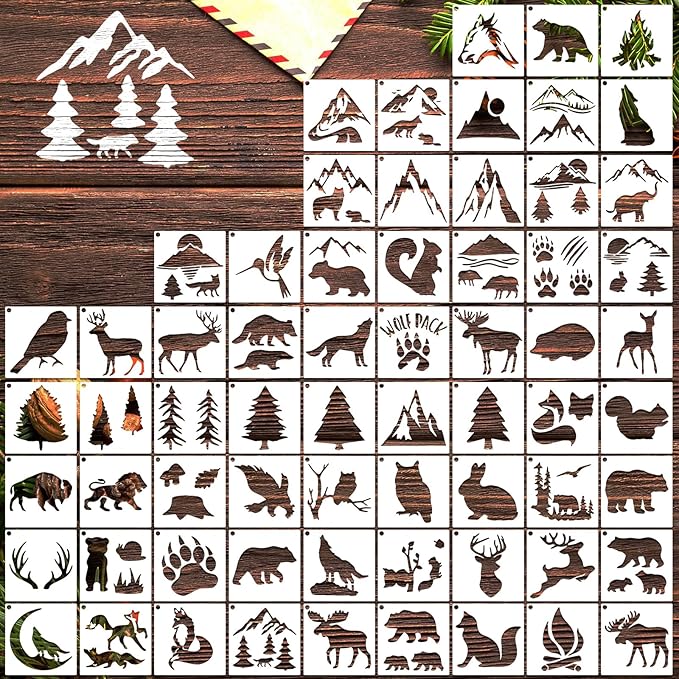 65 PCS 3 Inch Forest Animals Stencils, Wildlife Paint Stencils Reusable Templates for Painting on Wood, Wilderness Tree Stencil for House Canvas Wall Brick DIY Craft Decorations