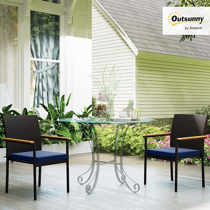 Outsunny Wicker Outdoor Dining Chairs Set of 2, Stackable PE Rattan Patio Dining Chairs with Cushions and Acacia Wood Armrests for Deck, Garden, 353 LBS Capacity, Navy Blue
