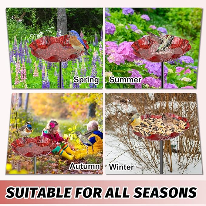 4PCS Hummingbird Bird Bath for Outside, Freestanding Metal Flower BirdBaths Bowl with Stake, Detachable Birdfeeder for Outdoor Yard Lawn Garden Decor (4PCS-Red-Yellow-Blue-Green)