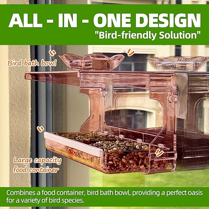 Window Bird Feeder with Non-Marking Self-Adhesive Hooks, Clear and Transparent, Outdoor Wild Bird Watching Gift, Garden Decor (Red)