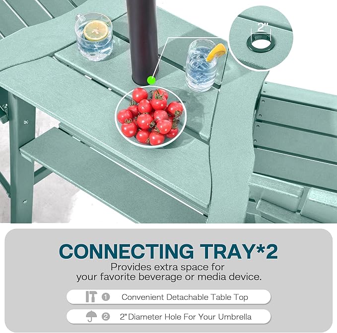 Tall Adirondack Chairs Set of 4, HDPE Balcony Chair with Double Connecting Tray, Weather Resistant Outdoor Adirondack Bar Stools for Patio, Deck, Patio, Backyard, Balcony. (Lake Blue)