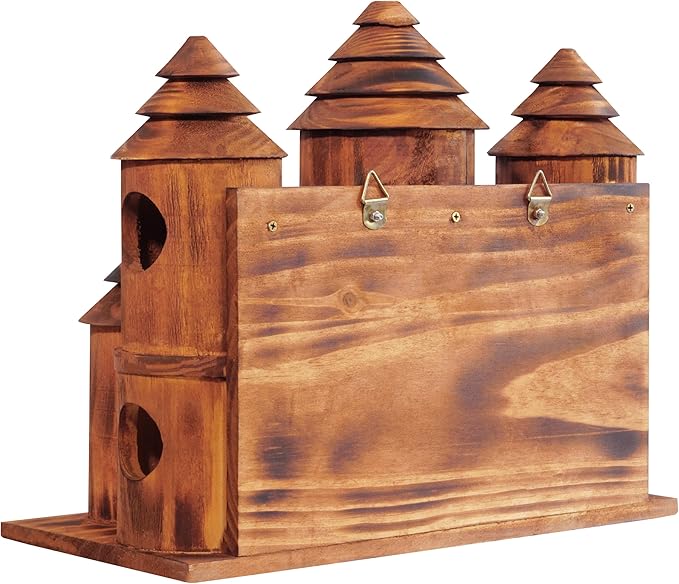 MIXUMON Wooden Bird Houses for Outside – 8 Rooms Castle-Style Bird House, Carbonized Pine Rustic Finish, 1.57" Entrance Holes, Decorative Outdoor Bird Nesting Box (Rustic, 8 Rooms)
