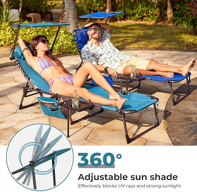 FUNDANGO 4 in 1 Tanning Chair with Face Hole, Beach Lounge Chair w/Canopy Shade & Side Table Chaise Lounge Chairs for Patio, Pool, Lawn, Sunbathing, 5-Position Adjustable Sun Lounger, Set of 2 Cyan