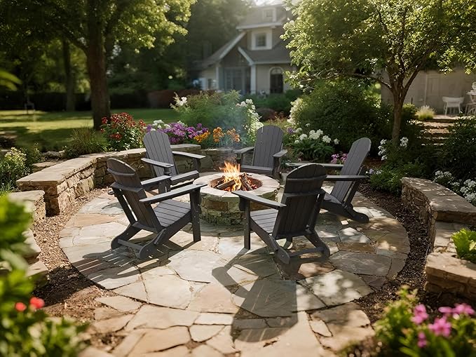 Fire Pit Chairs, HDPE Folding Adirondack Chairs Weather Resistant, Composite Foldable Adirondack Patio Chair with Cup Holder and Umbrella Hole, Grey