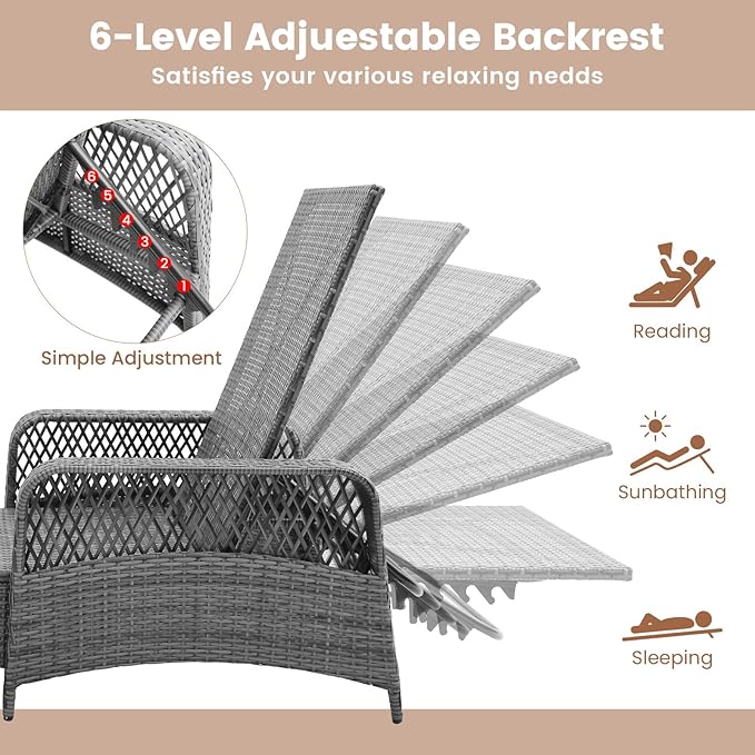 Tangkula Wicker Chaise Lounge Outdoor, Patio Rattan Reclining Chaise with 6-Gear Adjustable Backrest, Thick Padded Cushion & Removable Lumbar Pillow, Pool Lounge Chairs (1, Mix Grey + Grey)