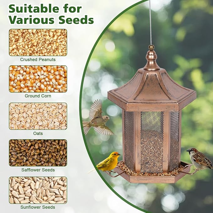 Metal Bird Feeder for Outdoors Hanging, Hexagon Bird Feeders for Garden Yard, 3LB Wild Birdfeeder Squirrel Proof for Outside
