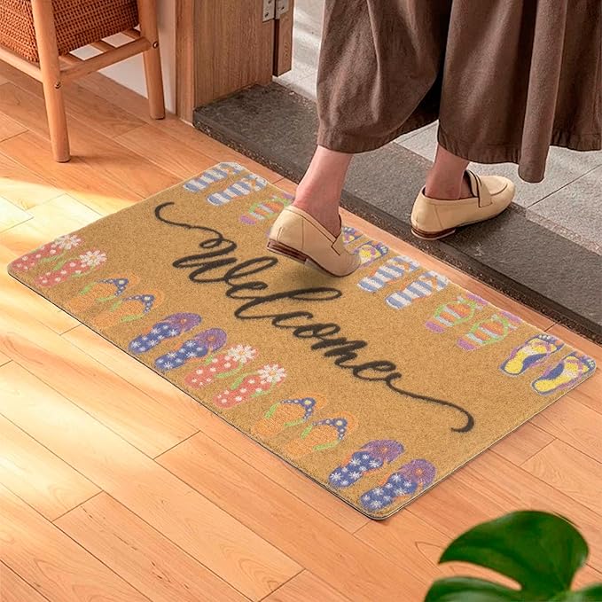 Summer-Door-Mat Outdoor-Entrance Cute Slippers Welcome-Doormat Non Slip Coir Front Door Mat for Summer Home Decor 17 x 29 Inch
