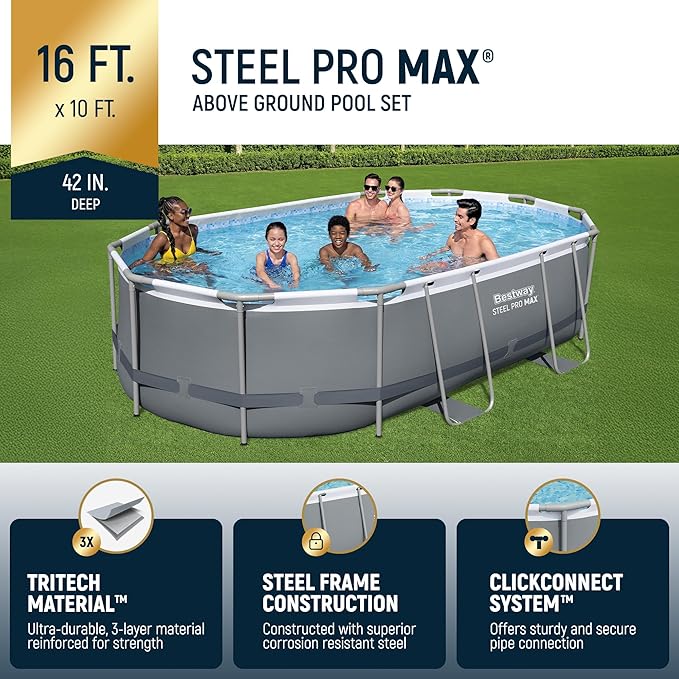 Bestway Steel Pro MAX 16' x 10' x 42" Above Ground Pool, Oval Metal Frame Outdoor Swimming Pool Set with Filter Pump, Ladder, and Cover, Gray