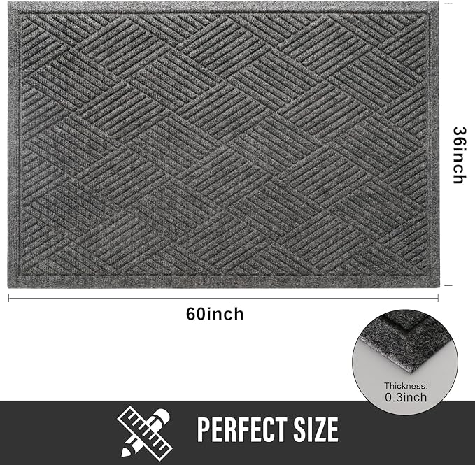 Sturdy Front Door Mat, Absorbent Muddy Dirt Resist Welcome Door Mats Outdoor Indoor, Stain and Fade Resistant, Non-Slip Rubber Backing Low Profile Doormat for Entryway, 60×36, Grey