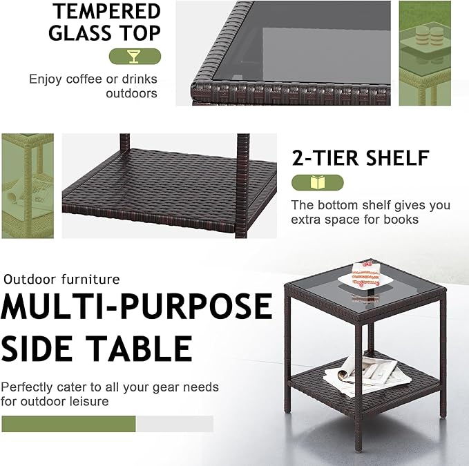 Devoko Outdoor 3 Piece Patio Furniture Set Wicker Chairs with Glass-top Coffee Table for Garden, Balcony, and Porch (Brown)
