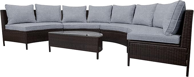 Merax 5 Pieces All-Weather Brown PE Rattan Wicker Sofa Set Outdoor Patio Sectional Furniture Set Half-Moon Sofa Set with Tempered Glass Table, Gray