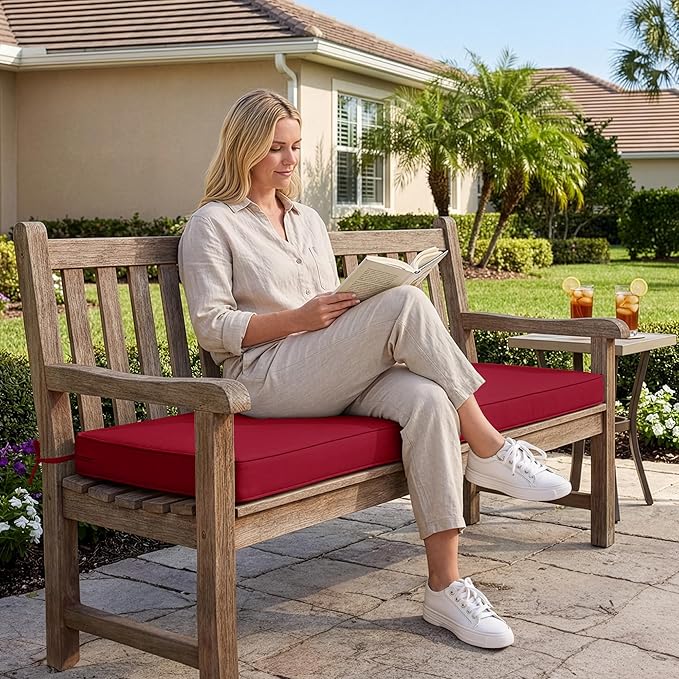 Outdoor Bench Cushion: Waterproof and Fade Resistant Patio Furniture Cushions - Non-Slip Bench Pad Cushion with Removable Cover for Garden Swing Porch Sofa Settee, 45 x 18 Inch, Burgundy