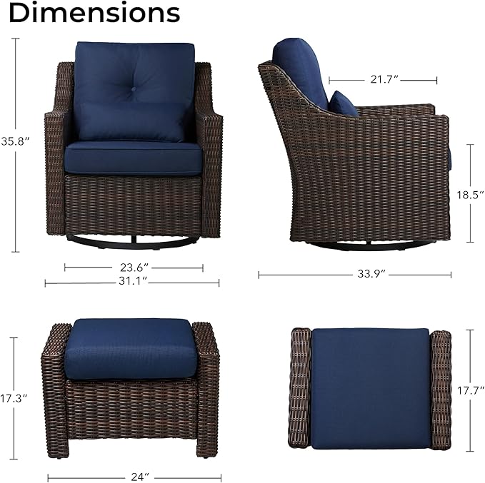 CHITA 2 Pieces Patio Wicker Furniture Set, Outdoor Rattan Bistro Set with Rocking Swivel Chair, Thickened Cushions and Ottoman