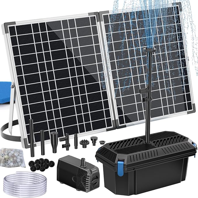 Antfraer 40W Solar Pond Filter with Water Pump, Pond Filter Box with Pond Filter Box, Pond Pump with 6.6ft Clear Tubing for Outdoor Pond Waterfall Garden Fountain Water Feature