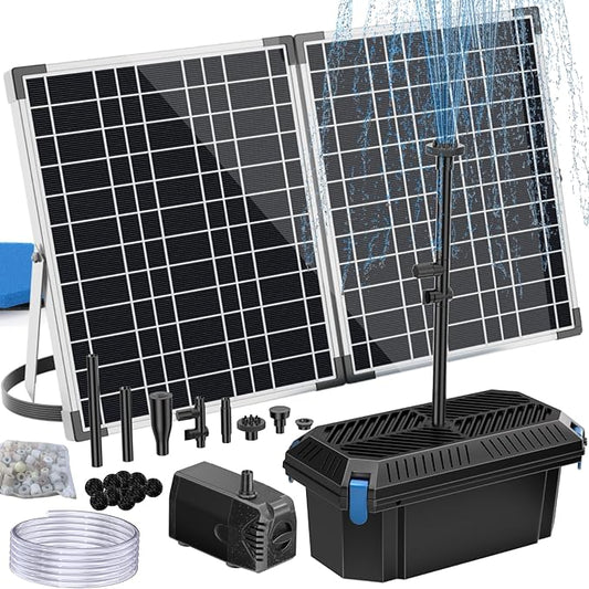 Antfraer 40W Solar Pond Filter with Water Pump, Pond Filter Box with Pond Filter Box, Pond Pump with 6.6ft Clear Tubing for Outdoor Pond Waterfall Garden Fountain Water Feature