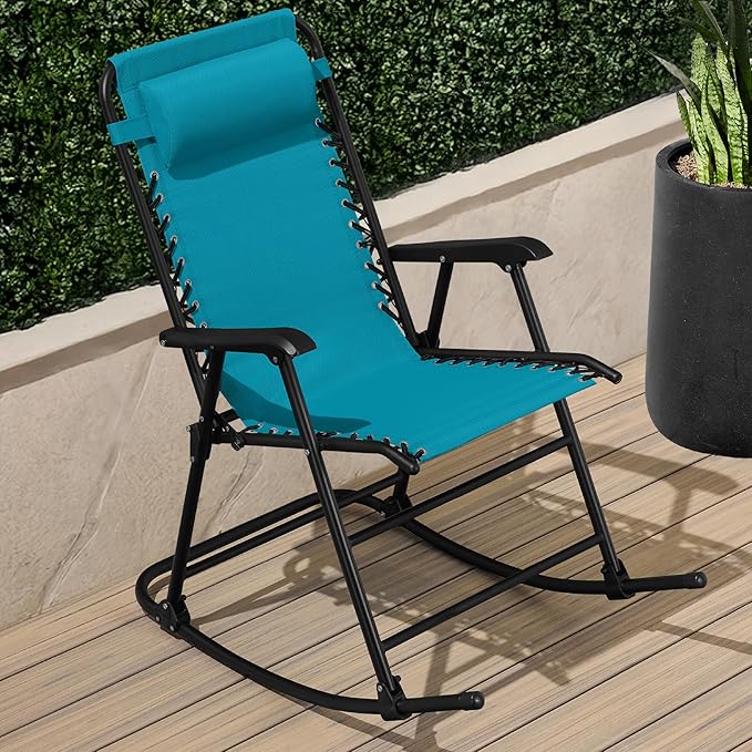 Best Choice Products Outdoor Folding Rocking Chair, Zero Gravity Lounge Chair, Patio Rocker w/Headrest Pillow - Peacock Blue