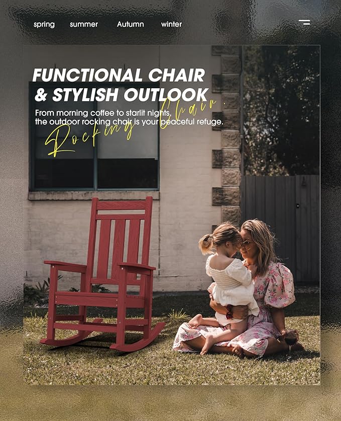 KINGYES Outdoor Rocking Chair Set of 6, All-Weather Patio Rocking Chairs for Porch, HDPE Rocking Outdoor Chairs with High Back for Adult, Heavy Duty Outdoor Patio Rockers for Garden, Lawn, Red