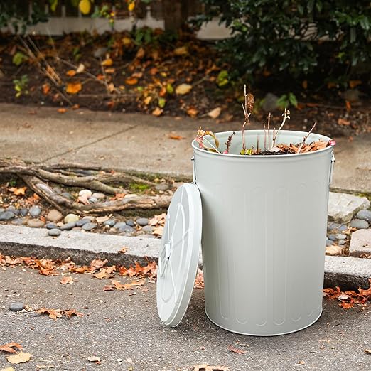 Plexon Galvanized Steel Round Trash Can with Lid Powder Coated Metal - 20 Gallon, Beige