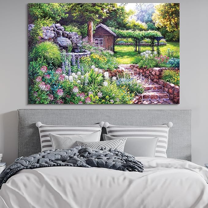 STUDIO HAVEN Thomas Kinkade Canvas Wall Art, Garden Cottage Stone Pathway Fountain Lush Blooms and Tranquil Retreat Oil Painting Poster Rustic Wall Decor, Framed Prints for Home Decor, 28x20Inch