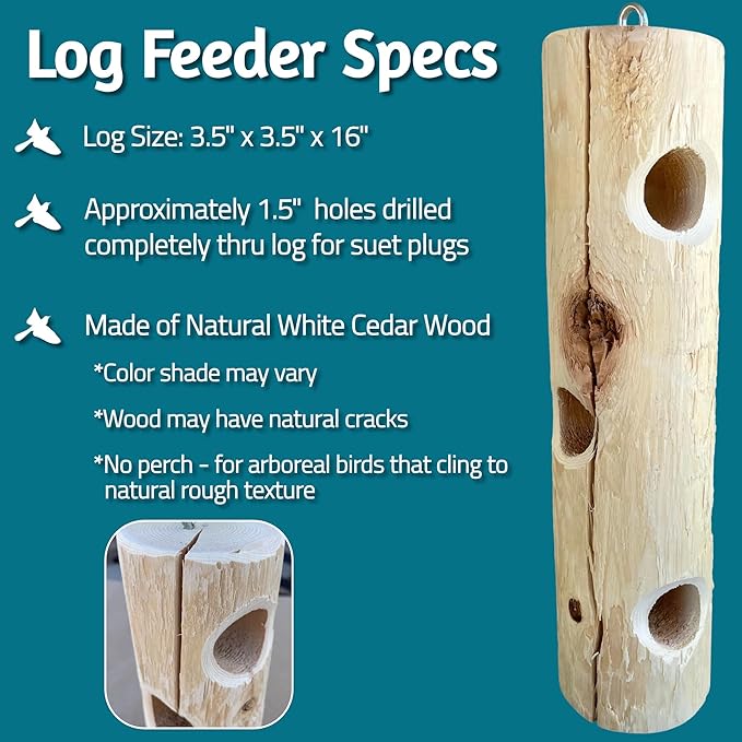 Natural Wood Log Feeder for Woodpeckers - 16 inch Outdoor Hanging Suet Feeder, Works with Suet Plugs, Balls and Cakes - Made In USA