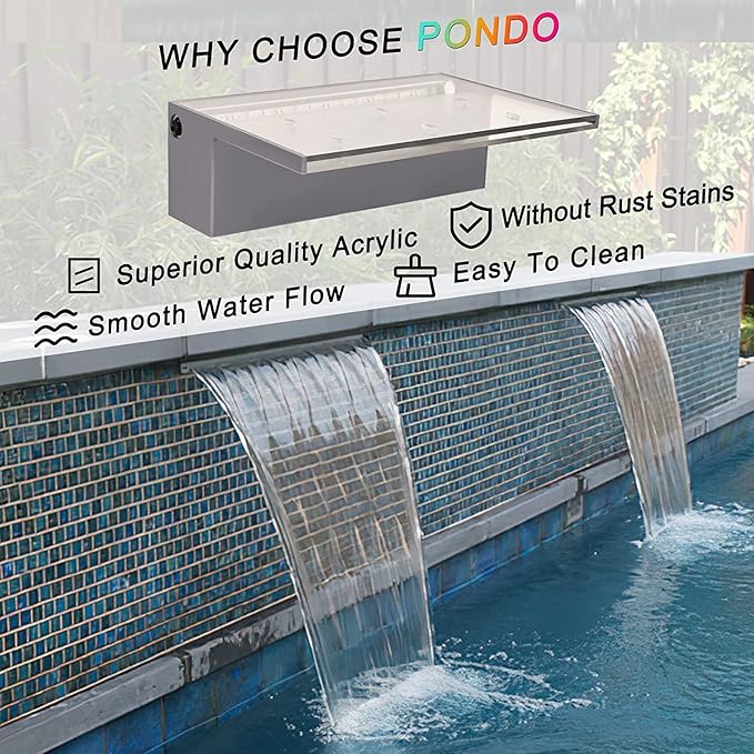 12'' APP Control Waterfall Spillway with RGB LED Lights, Acrylic Pond Fountain Set for Outdoor Decorations, Patio Pool Kit on The Wall for Garden w/16 Color Changing, Easy Installation