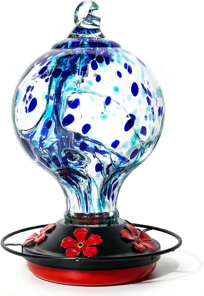 Hummingbird Feeder for Outdoors Hanging, 34 Oz, Handcrafted Gift Inner Glass Décor for Bird Garden Lover, Ant Moat & Bee-Resistant Ports, Hook & Brush Included, Ocean Blue